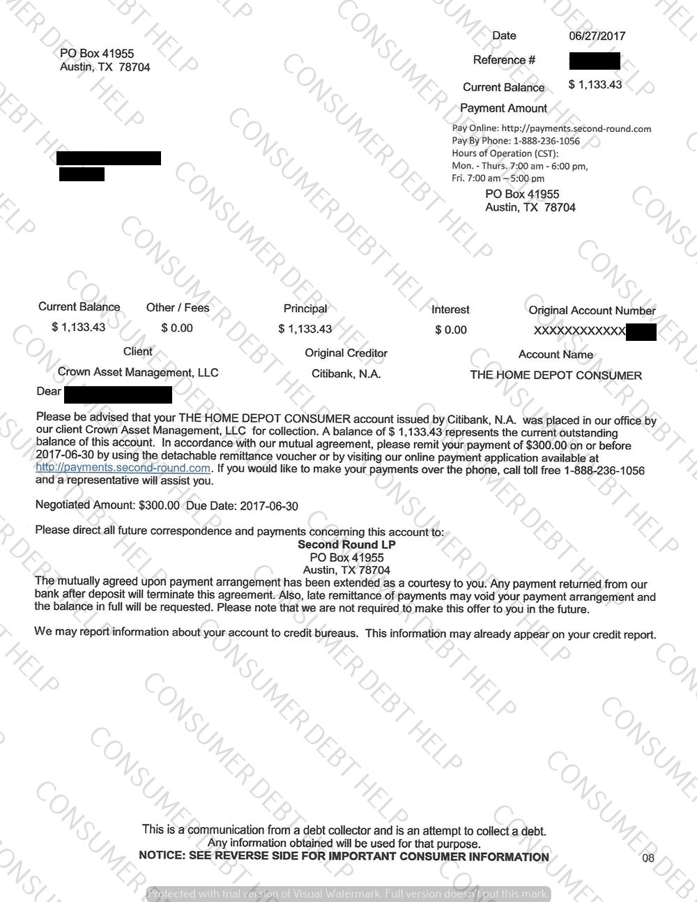 Settlement Letter from Home Depot/Citibank – Consumer DEBT HELP ASSOCIATION