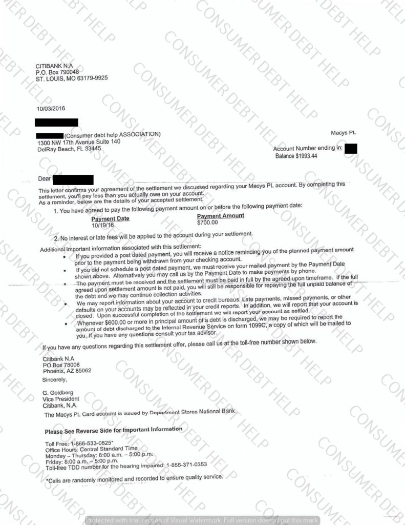 Settlement Letter from Macy’s/Citibank – Consumer DEBT HELP ASSOCIATION