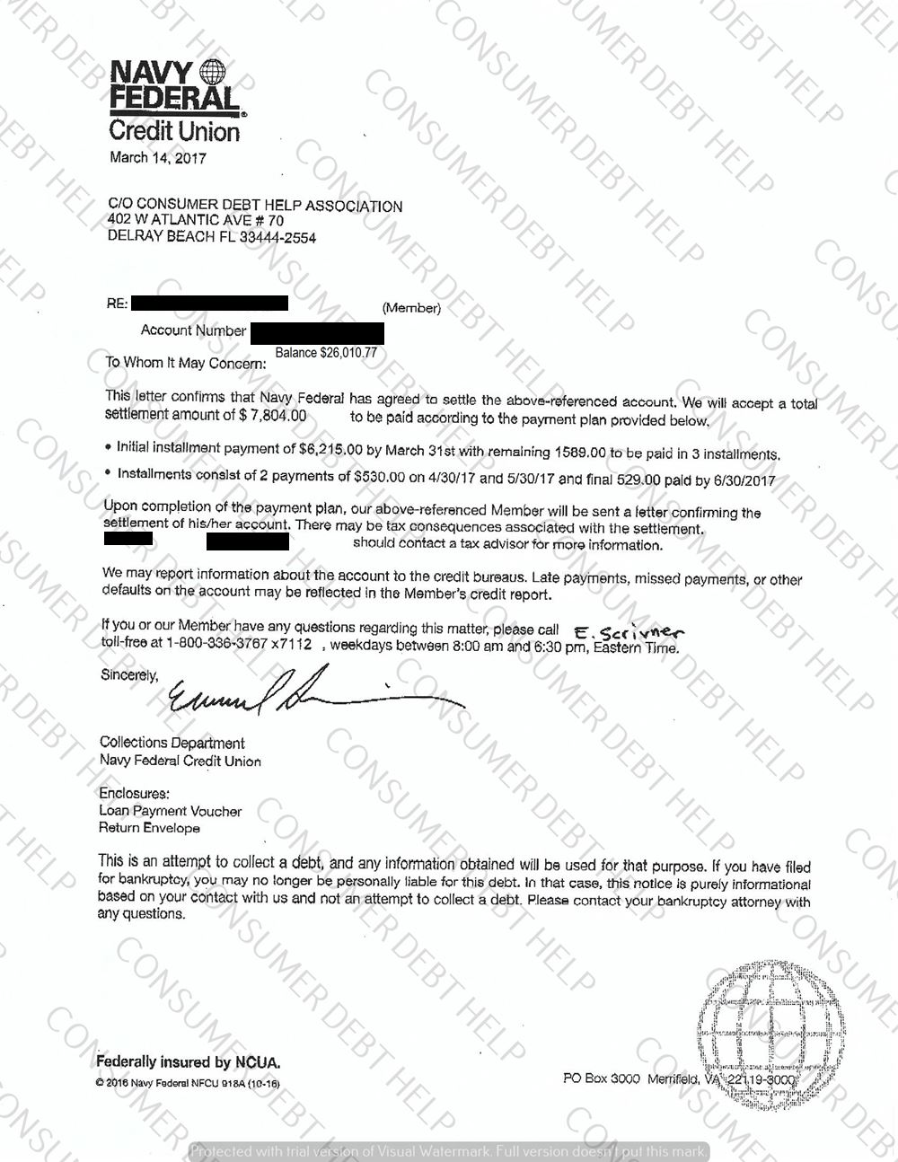 Settlement Letter from Navy Federal Credit Union Consumer DEBT HELP
