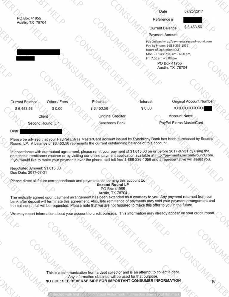 Settlement Letter from PayPal/Synchrony Bank – Consumer