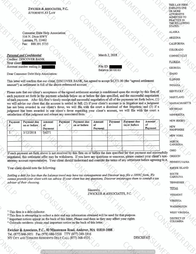 Settlement Letter from Discover – Consumer DEBT HELP ASSOCIATION