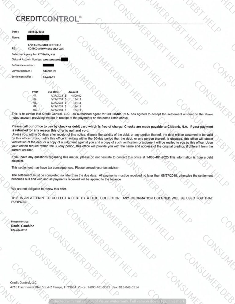 Settlement Letter from Costco/Citibank – Consumer DEBT HELP ASSOCIATION