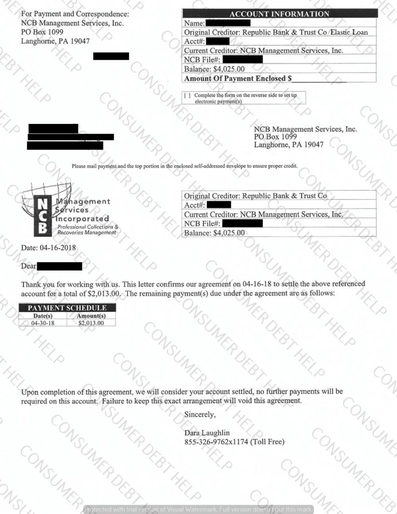 Settlement Letter From Elastic Loan Republic Bank & Trust – Consumer 