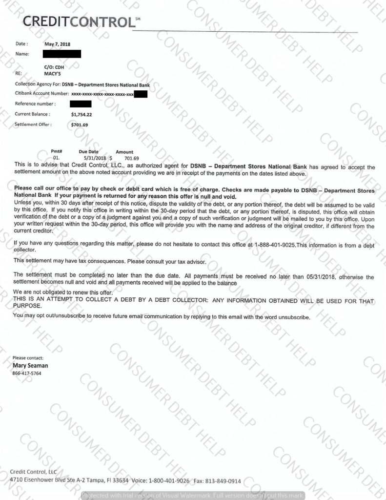 Settlement letter from macy s citibank consumer debt help association