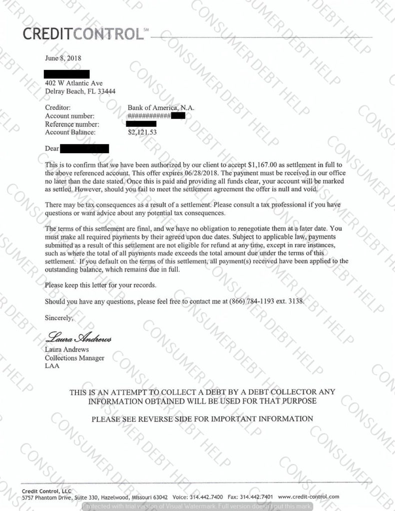 Settlement Letter from Bank of America Consumer DEBT HELP ASSOCIATION
