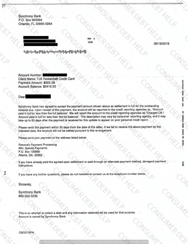 Settlement Letter from TJ Maxx/Synchrony Bank – Consumer DEBT HELP ...