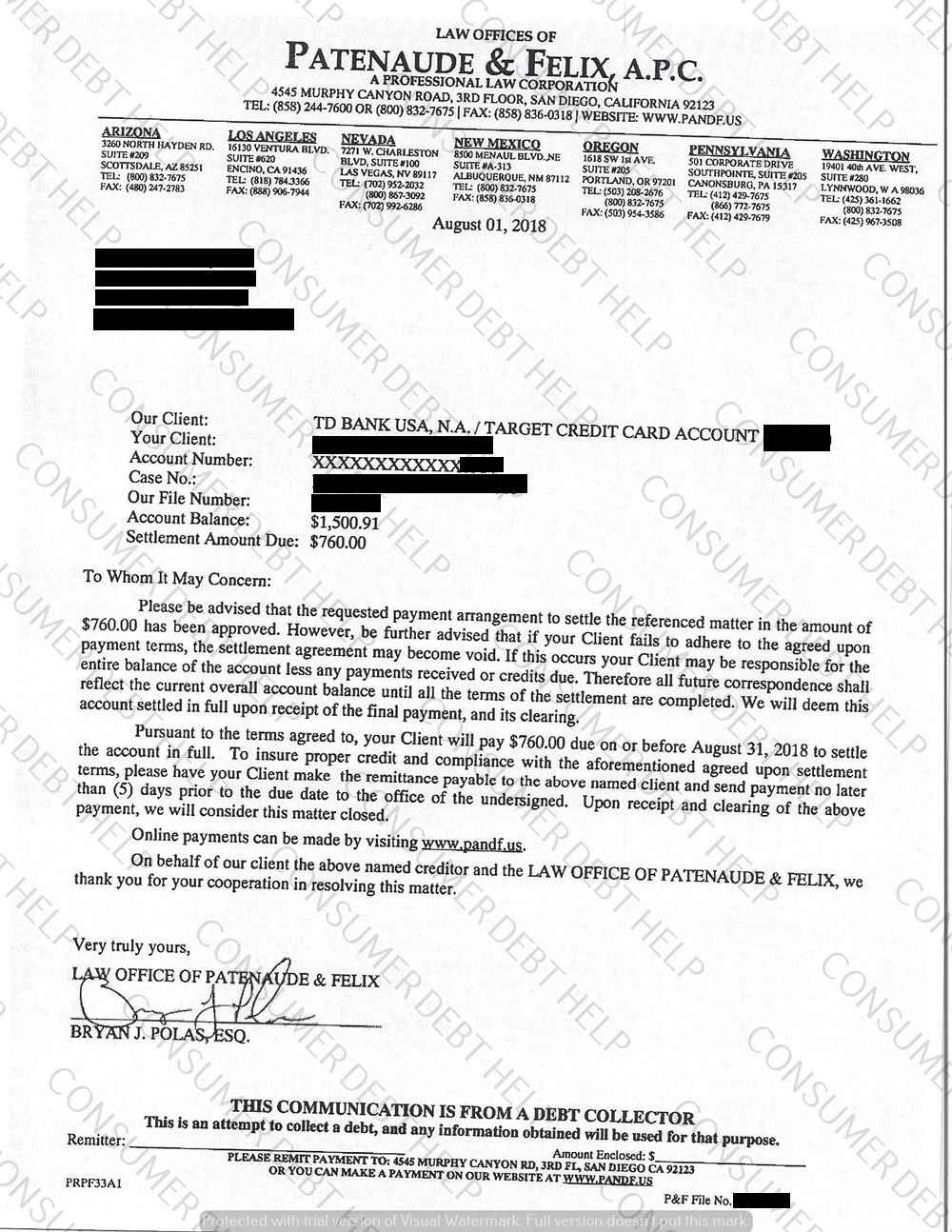 Settlement Letter from Target/TD Bank – Consumer DEBT HELP ASSOCIATION