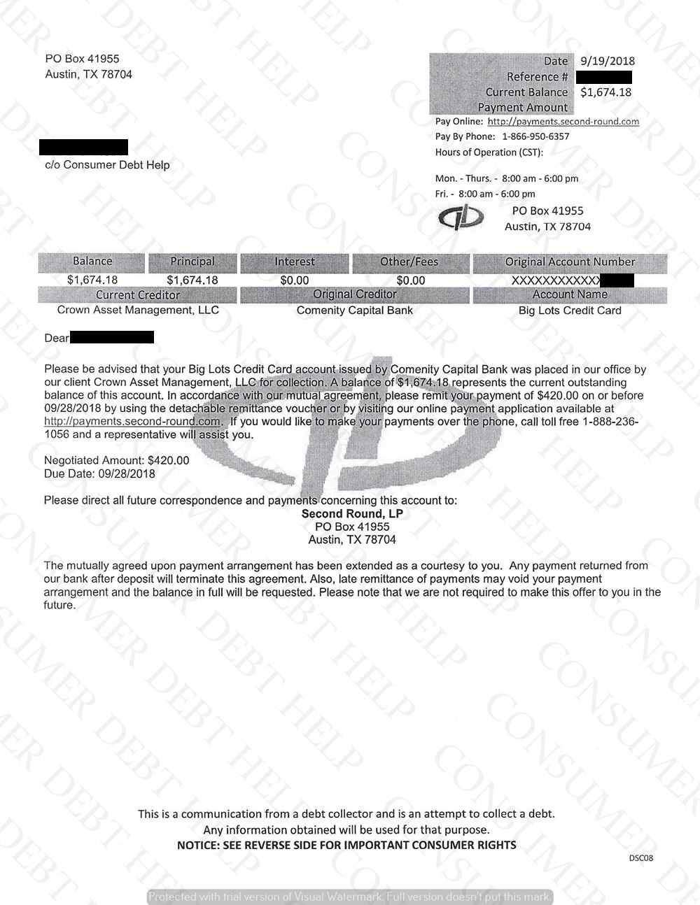 Settlement Letter from Big Lots/Comenity Bank – Consumer DEBT HELP