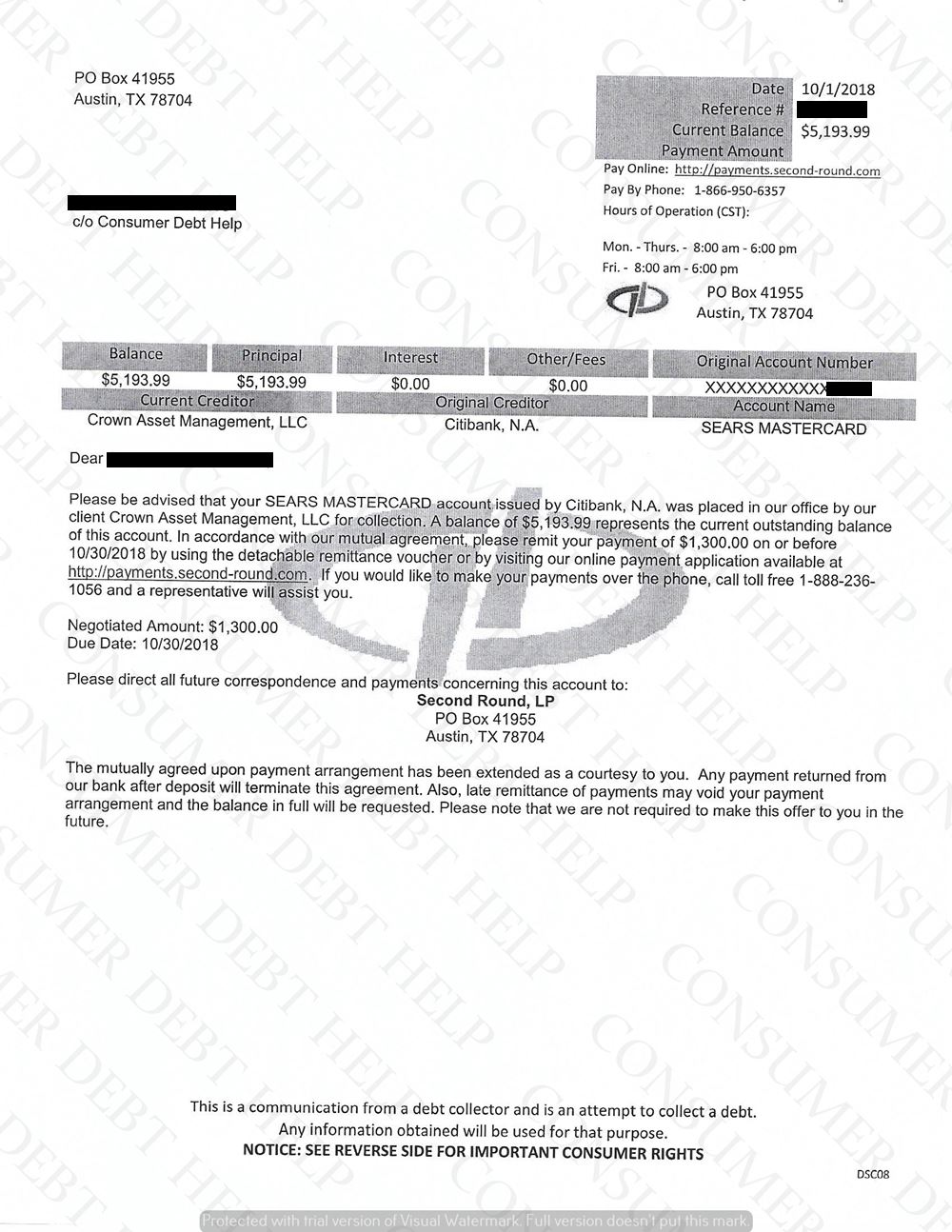 Settlement Letter from Sears/Citibank – Consumer DEBT HELP ASSOCIATION