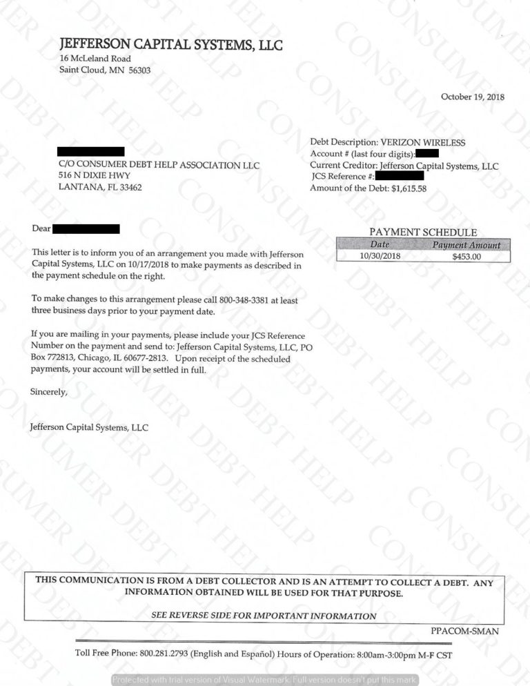 Settlement Letter from Verizon Wireless Consumer DEBT HELP ASSOCIATION