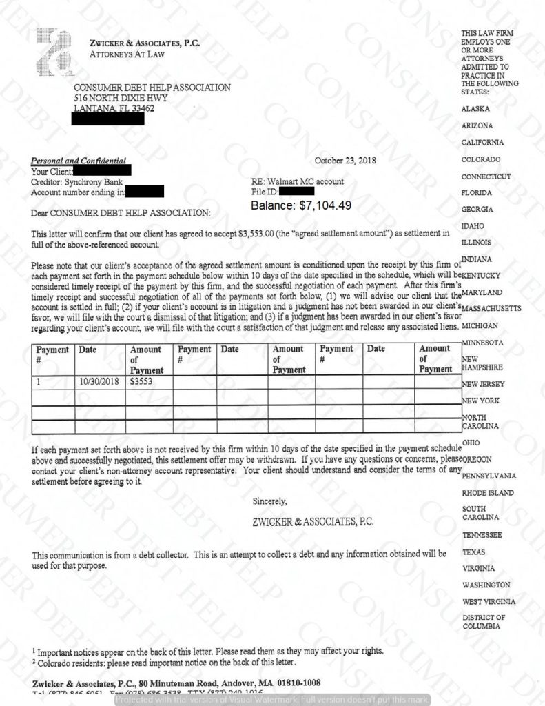 Settlement Letter from Walmart/Synchrony Bank Consumer DEBT HELP