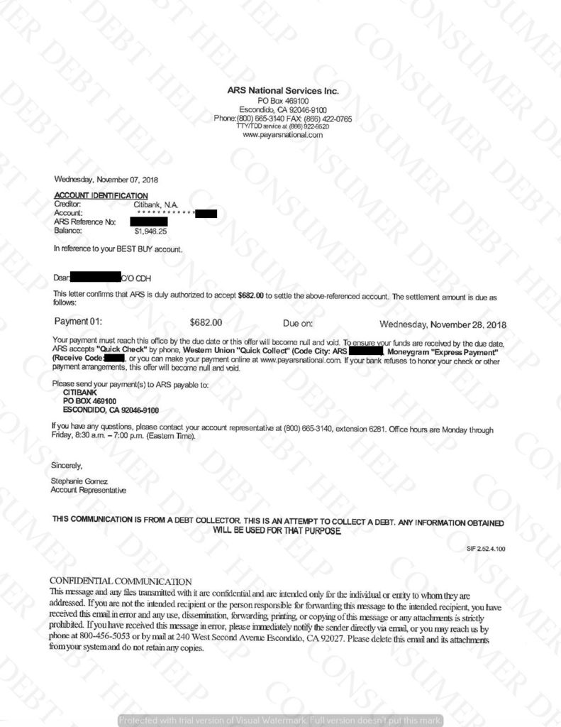 Settlement Letter from Best Buy/Citibank – Consumer DEBT HELP ASSOCIATION