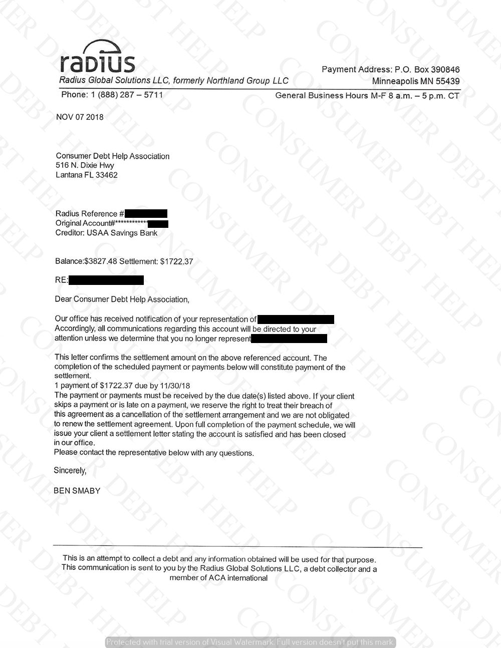 Settlement Letter from USAA – Consumer DEBT HELP ASSOCIATION