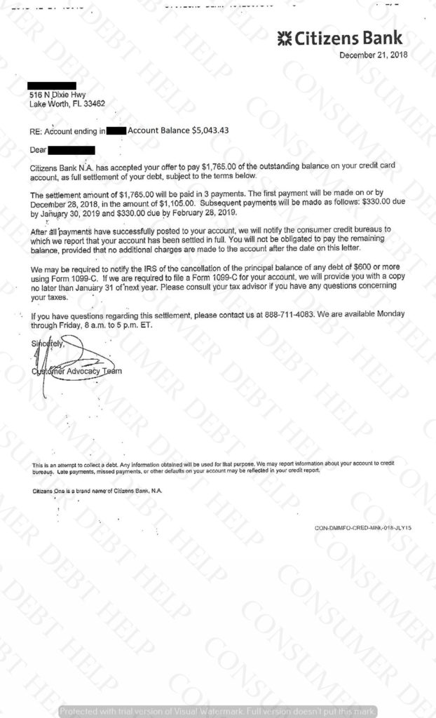 Settlement Letter from Citizens Bank – Consumer DEBT HELP ASSOCIATION