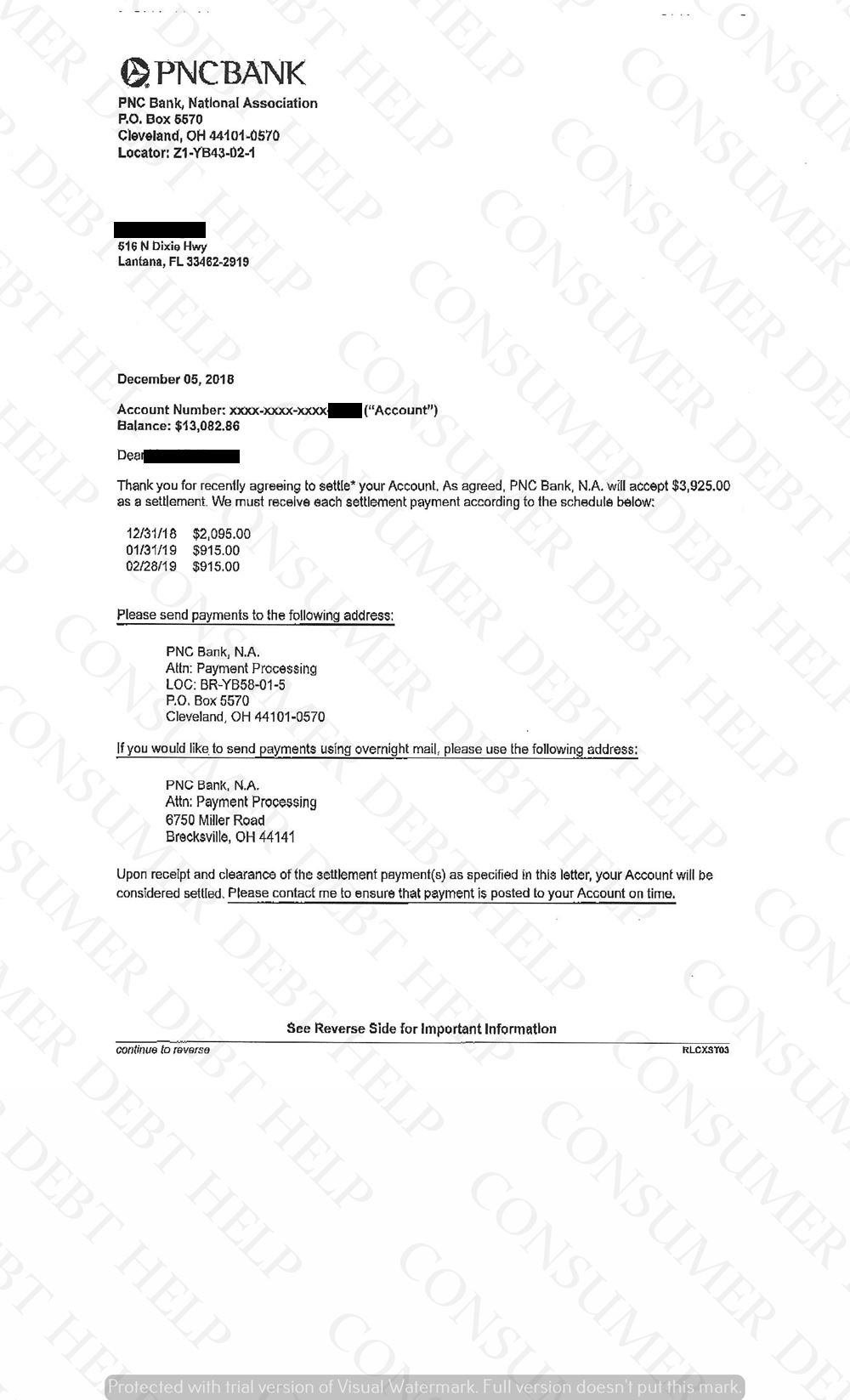 Settlement Letter from PNC Bank – Consumer DEBT HELP ASSOCIATION