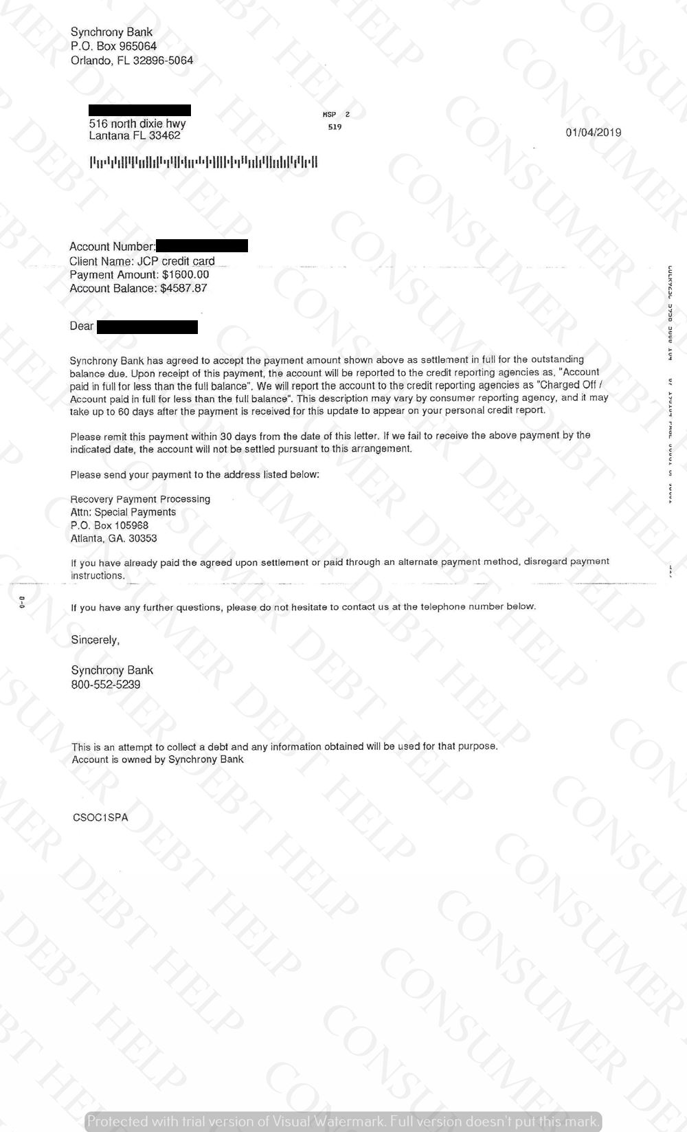 Settlement Letter from JC Penny/Synchrony Bank – Consumer DEBT HELP ...