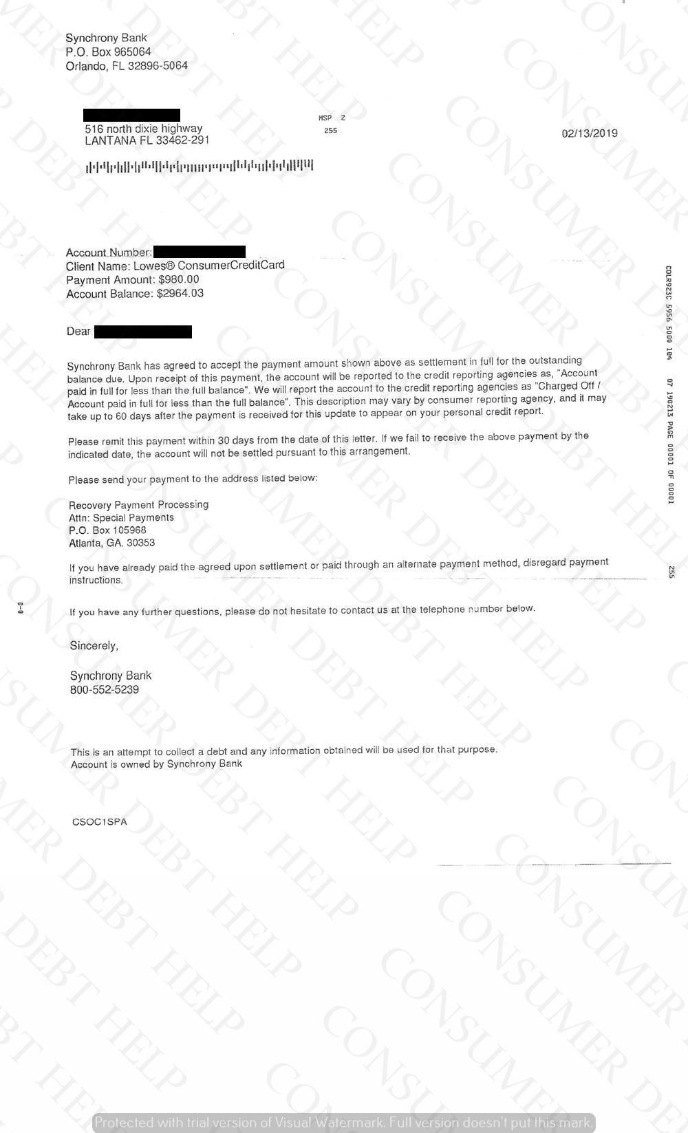 Settlement Letter from Lowe’s/Synchrony Bank – Consumer DEBT HELP ...