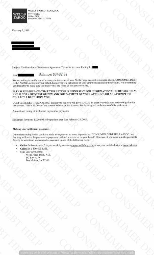 Settlement Letter from Wells Fargo Consumer DEBT HELP ASSOCIATION