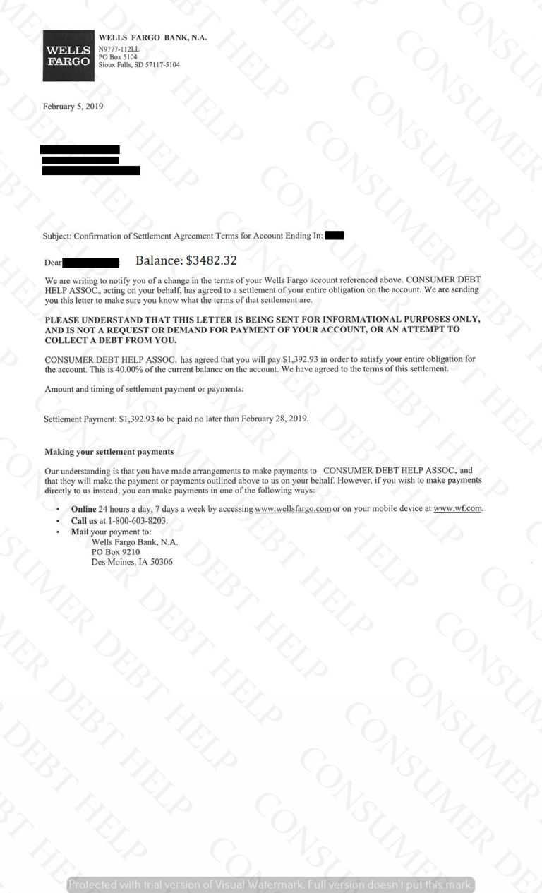 Settlement Letter from Wells Fargo – Consumer DEBT HELP ASSOCIATION