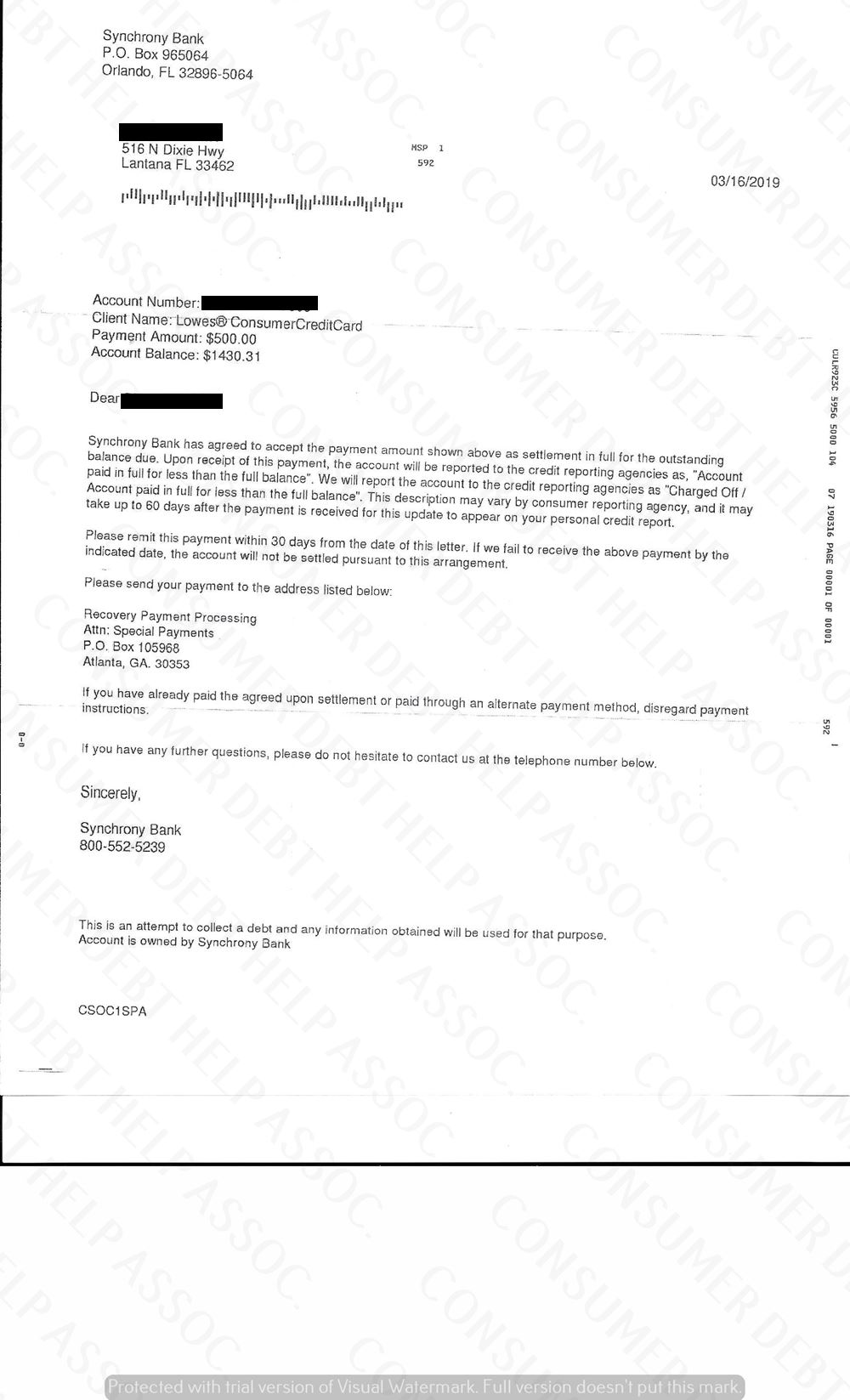 Settlement Letter from Lowe’s/Synchrony Bank – Consumer DEBT HELP ...