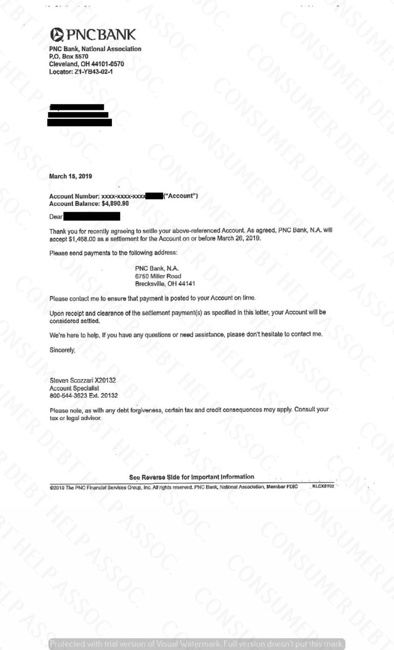 Settlement Letter from PNC Bank – Consumer DEBT HELP ASSOCIATION