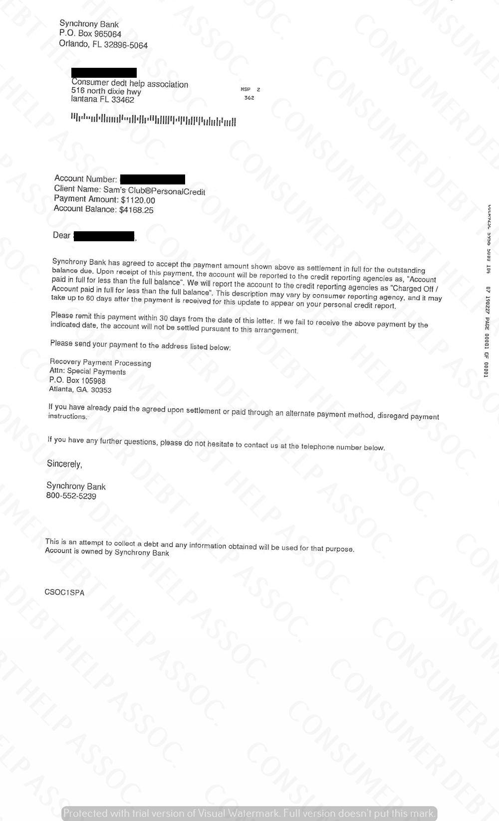 Settlement Letter from Sam’s Club/Synchrony Bank – Consumer DEBT HELP ...