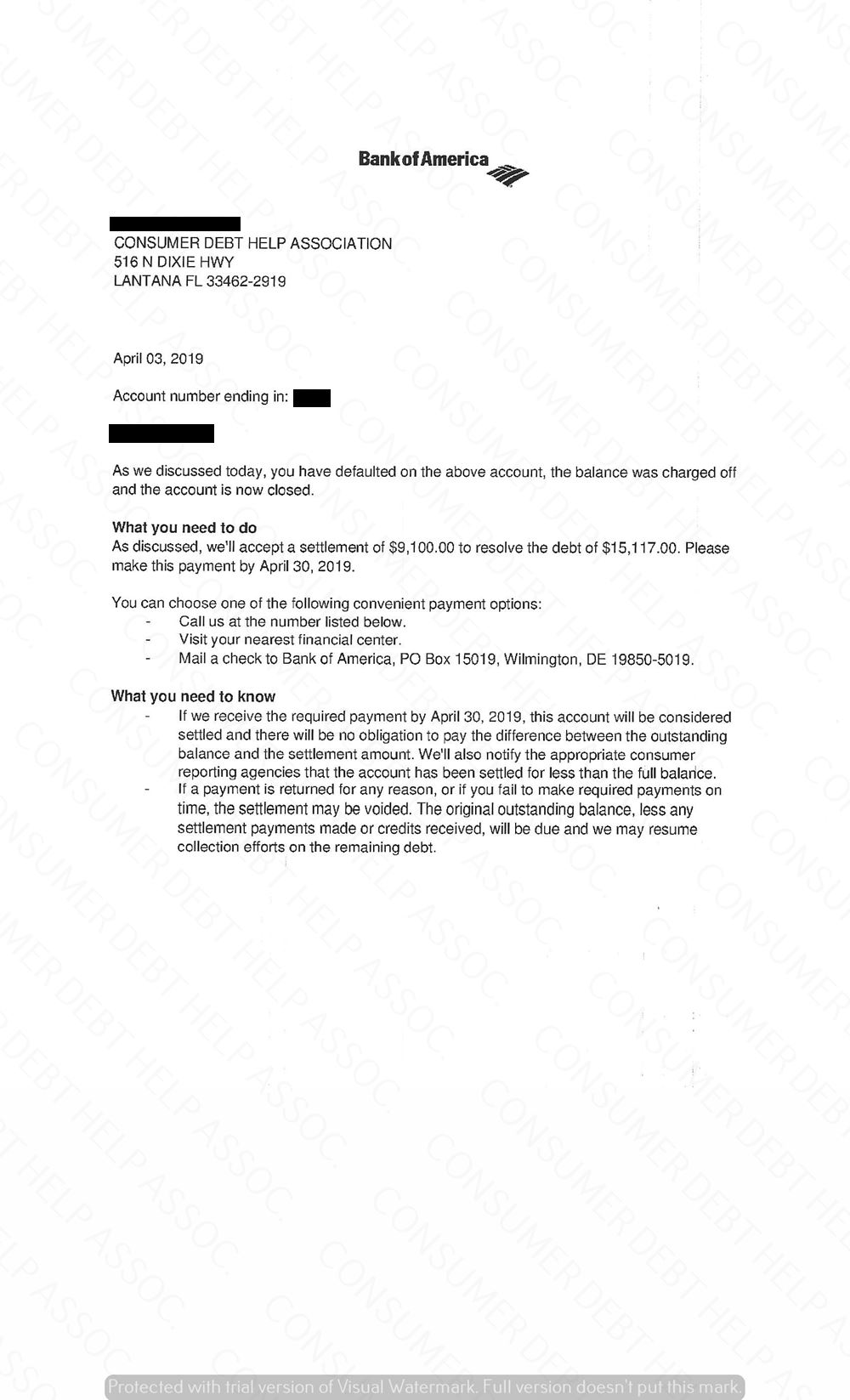 Settlement Letter from Bank of America Consumer DEBT HELP ASSOCIATION