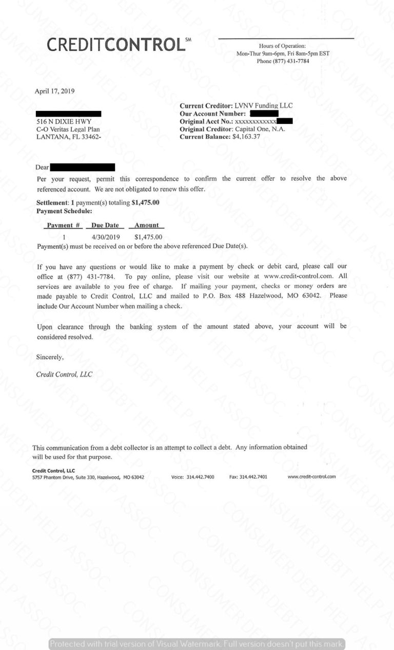 Settlement Letter from Capital One Consumer DEBT HELP ASSOCIATION