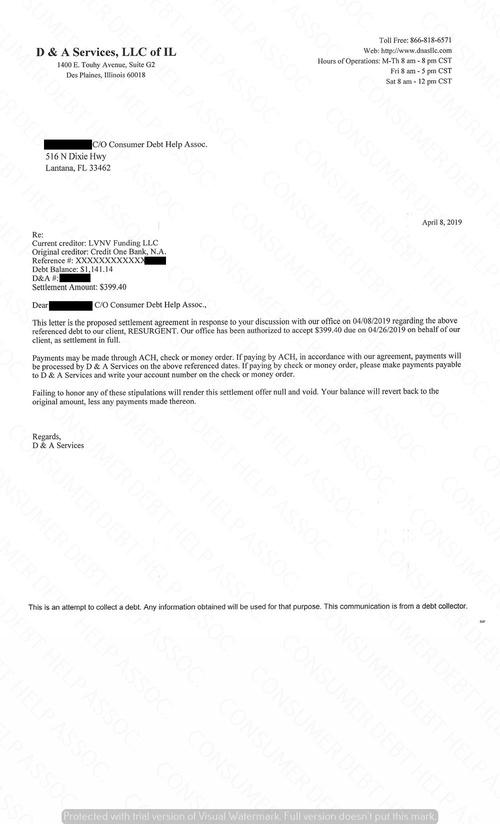 Settlement Letter from Credit One – Consumer DEBT HELP ASSOCIATION