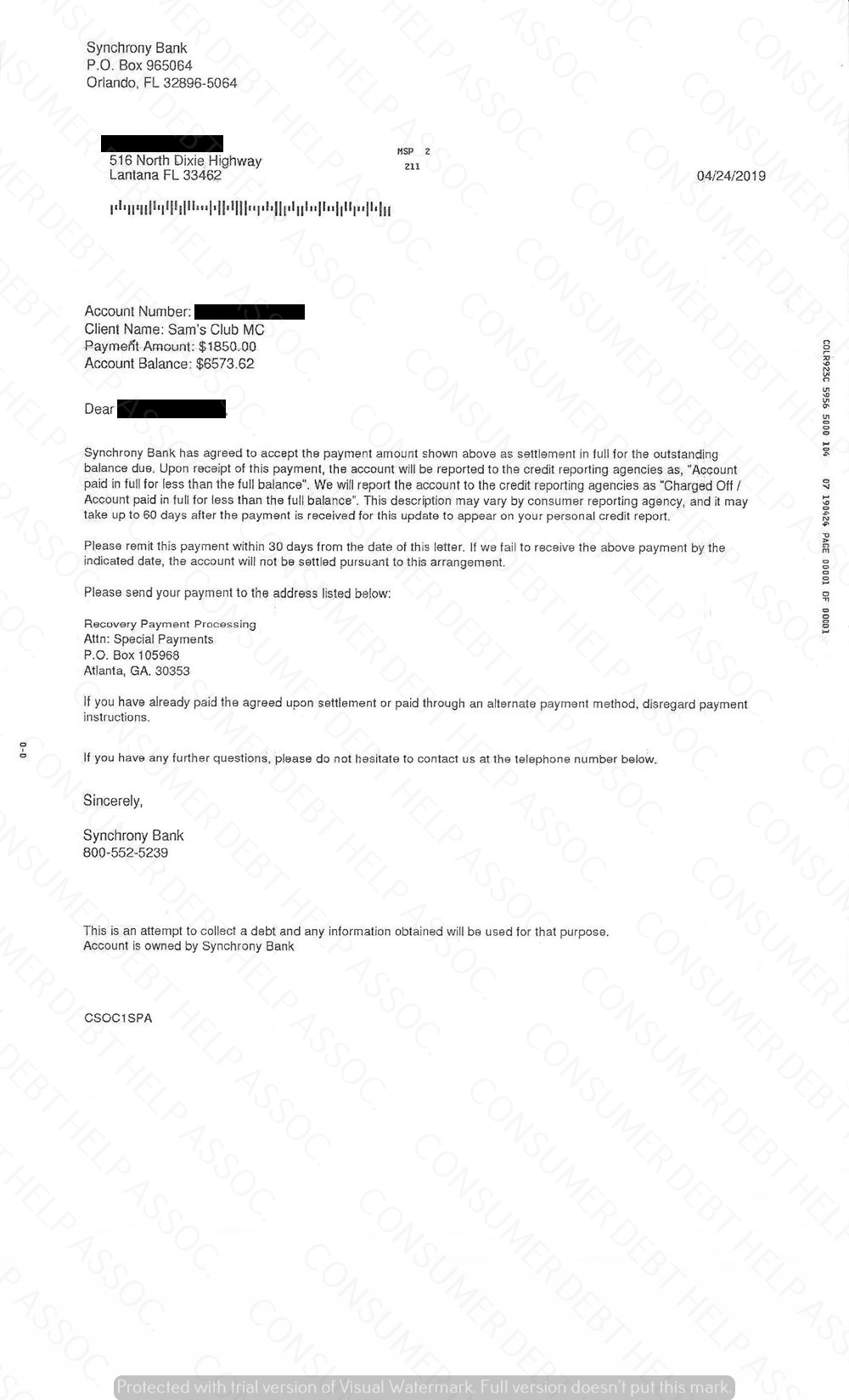 Settlement Letter from Sam’s Club/Synchrony Bank – Consumer DEBT HELP ...