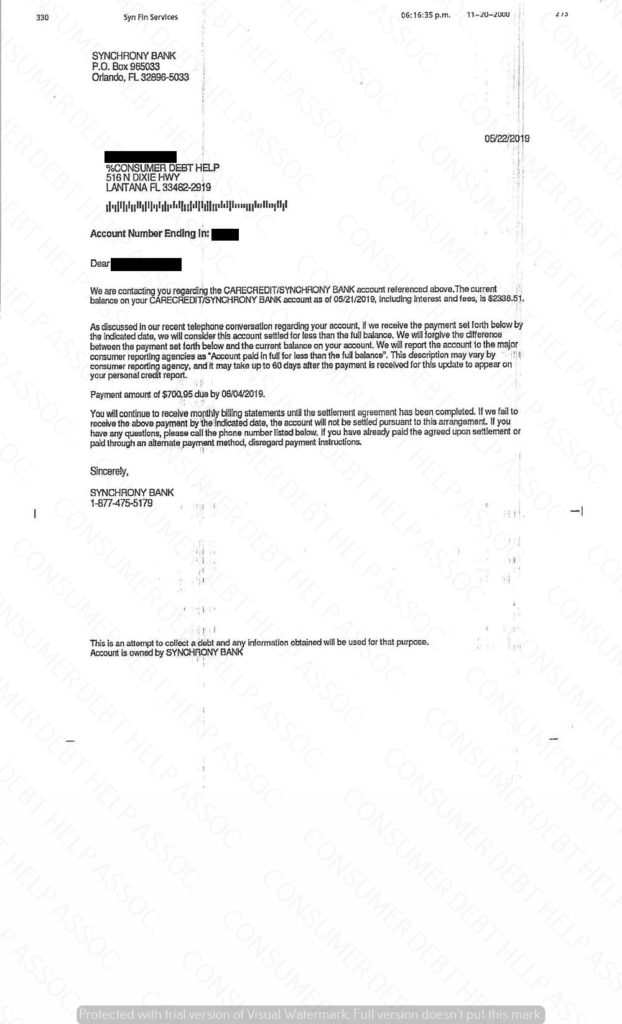 Settlement Letter From Care Credit Synchrony Bank – Consumer Debt Help 