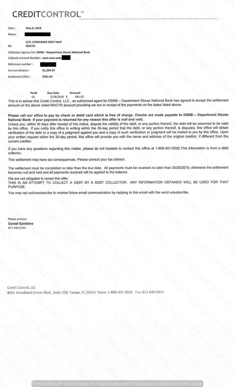 Settlement letter from macy s citibank consumer debt help association