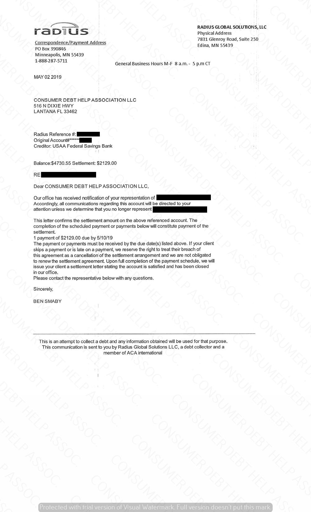 Settlement Letter from USAA – Consumer DEBT HELP ASSOCIATION