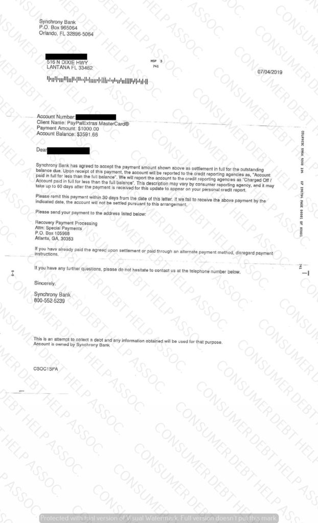 Settlement Letter from PayPal/Synchrony Bank – Consumer DEBT HELP ...