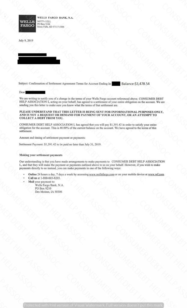 Settlement Letter from Wells Fargo – Consumer DEBT HELP ASSOCIATION