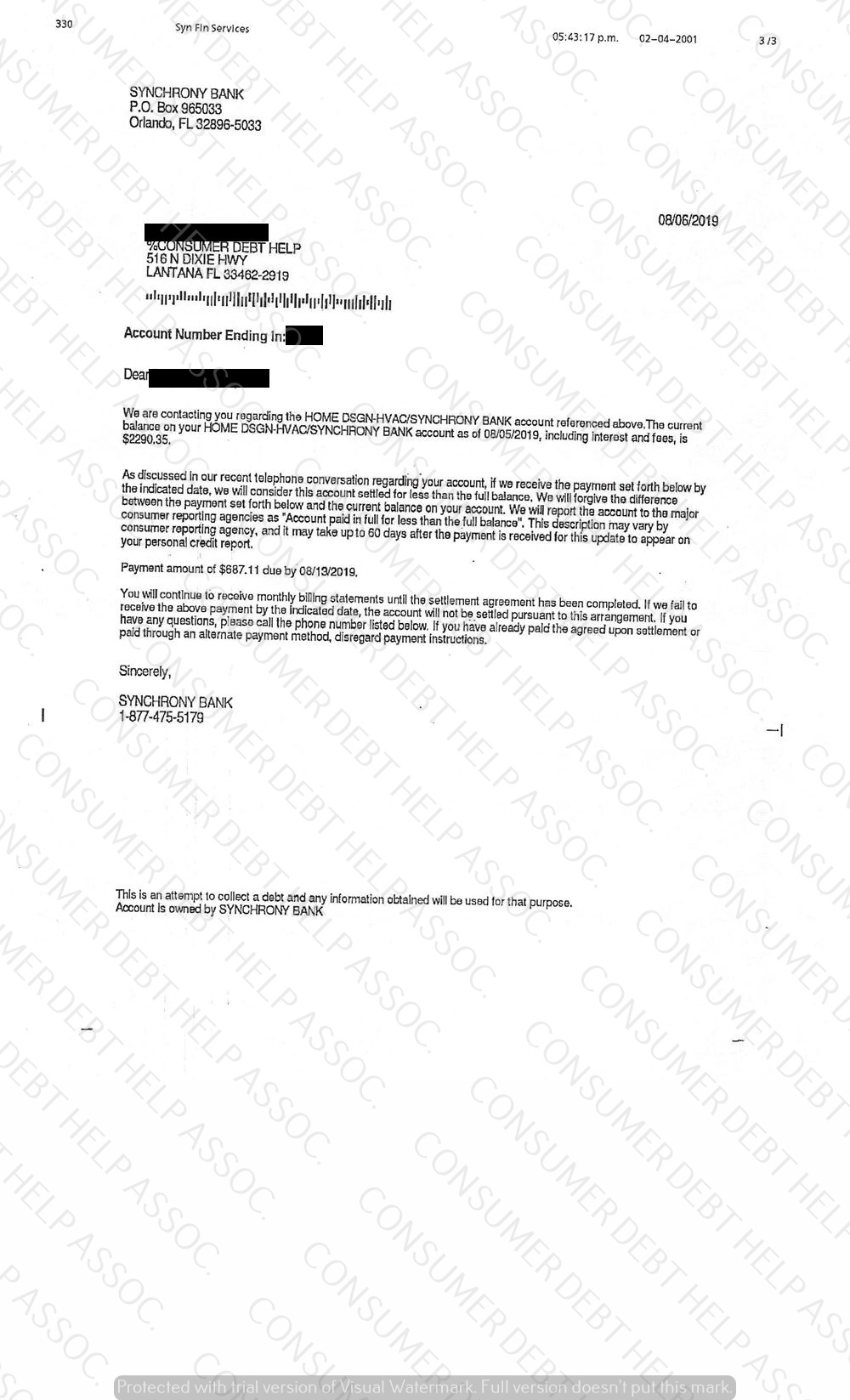 Settlement Letter from Home Design/Synchrony Bank – Consumer DEBT HELP ...