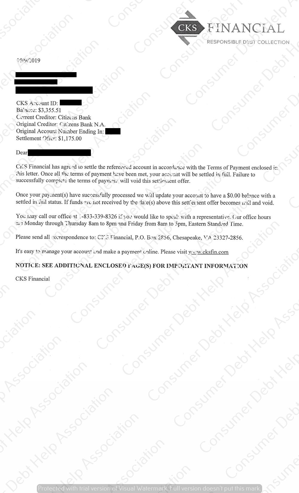 Settlement Letter from Citizen’s Bank – Consumer DEBT HELP ASSOCIATION