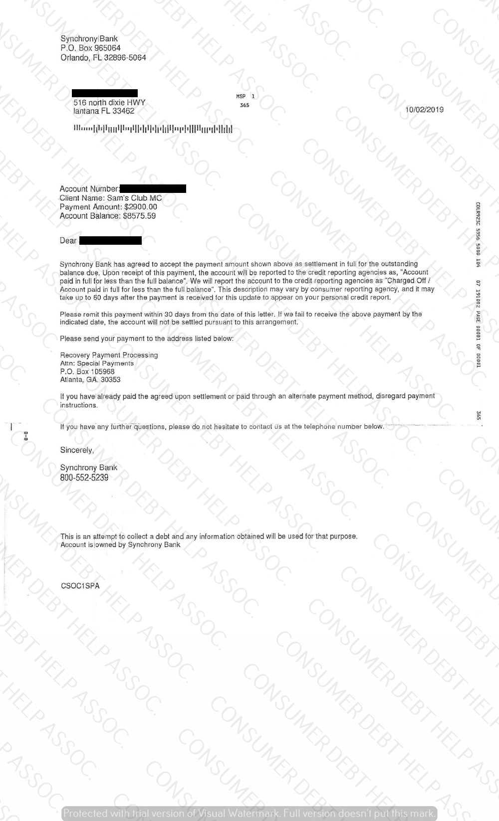 Settlement Letter from Sam’s Club/Synchrony Bank – Consumer DEBT HELP ...