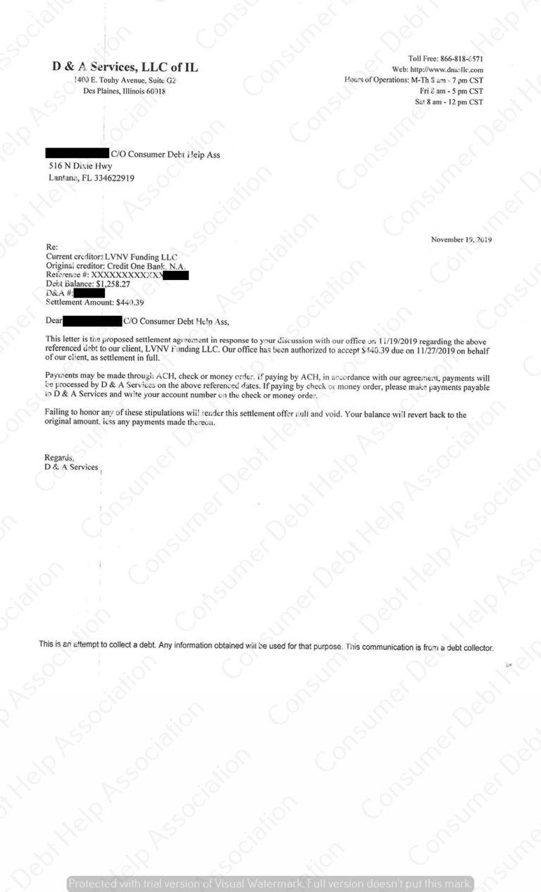 Settlement Letter from Credit One Bank – Consumer DEBT HELP ASSOCIATION