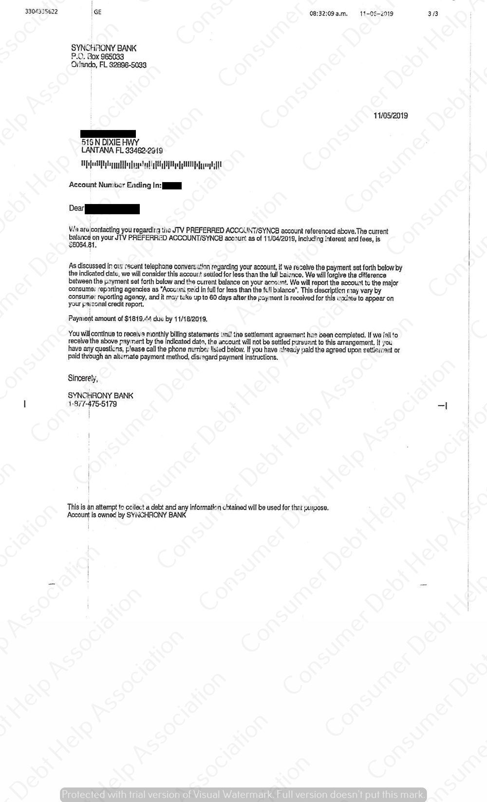 Settlement Letter from JTV Preferred/Synchrony Bank – Consumer DEBT ...