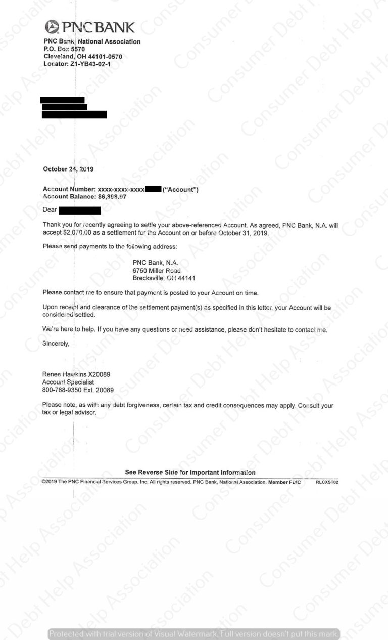 Settlement Letter from PNC Bank – Consumer DEBT HELP ASSOCIATION