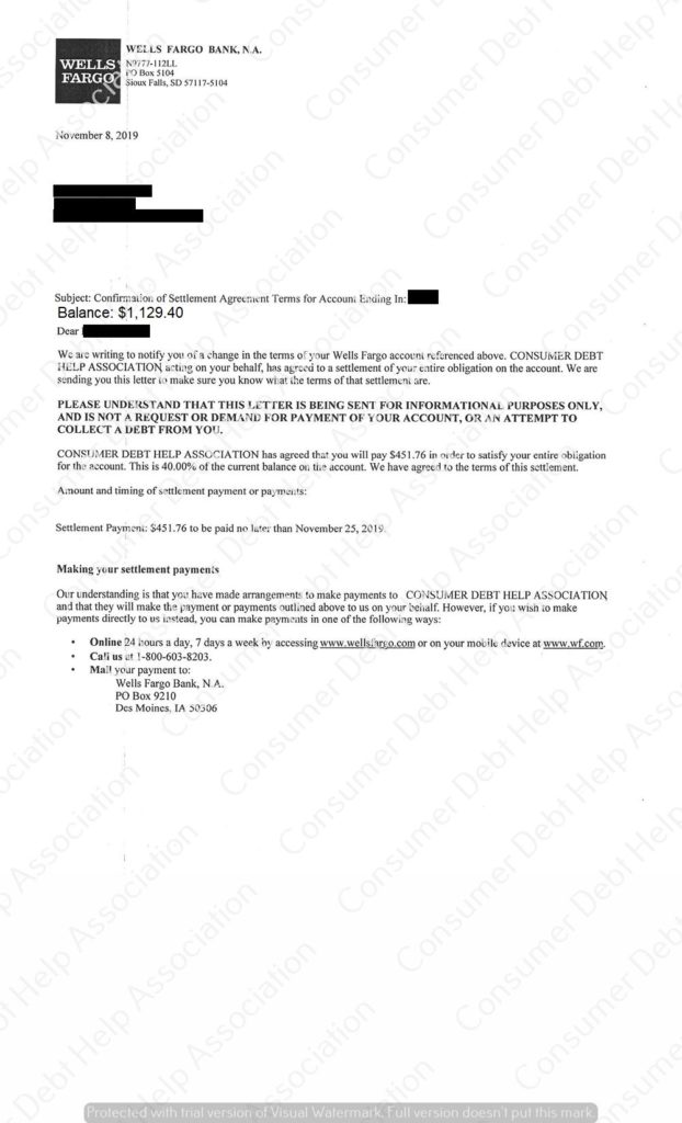 Settlement Letter from Wells Fargo Bank Consumer DEBT HELP ASSOCIATION