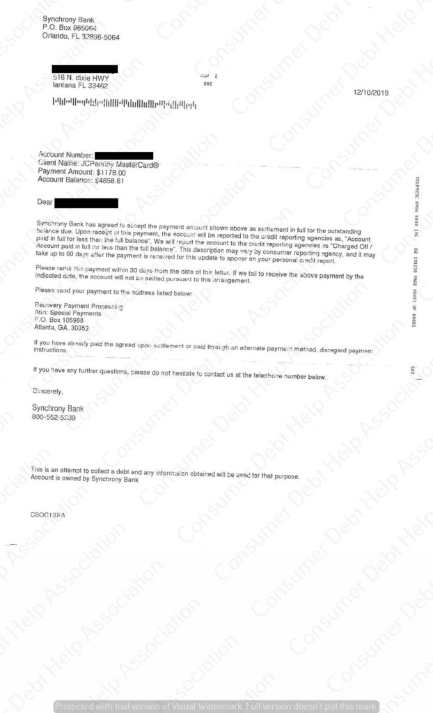 Settlement Letter from JC Penny/Synchrony Bank – Consumer DEBT HELP ...