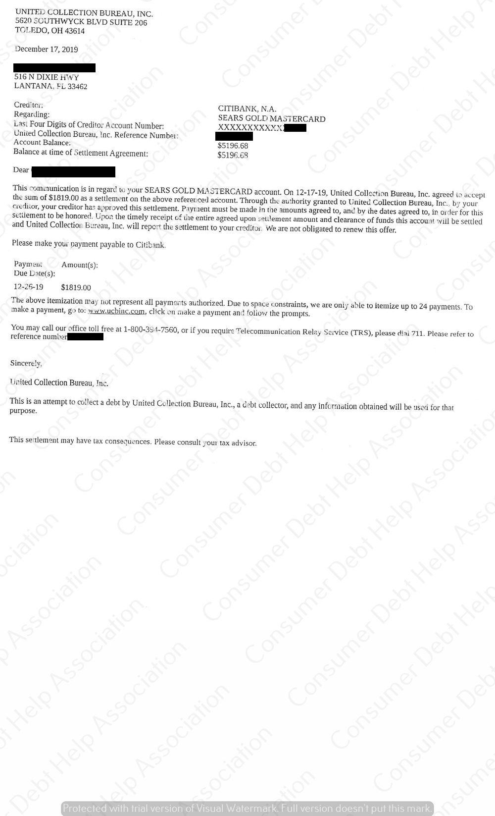 Settlement Letter from Sears/Citibank – Consumer DEBT HELP ASSOCIATION