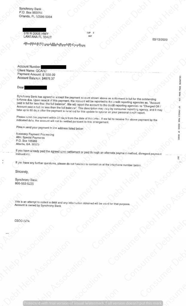 Settlement Letter from QVC Card / Synchrony Bank – Consumer DEBT HELP ...