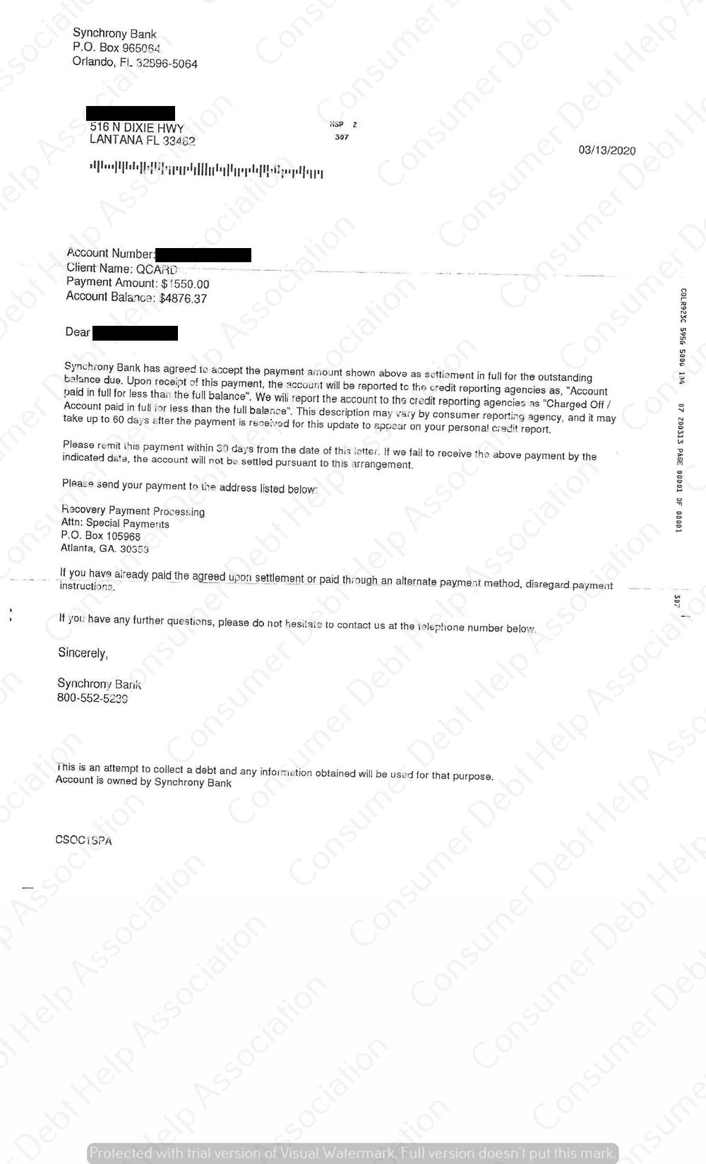 Settlement Letter from QVC Card / Synchrony Bank – Consumer DEBT HELP ...