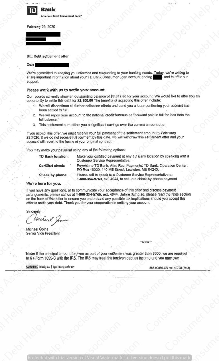 Settlement Letter from TD Bank Consumer DEBT HELP ASSOCIATION