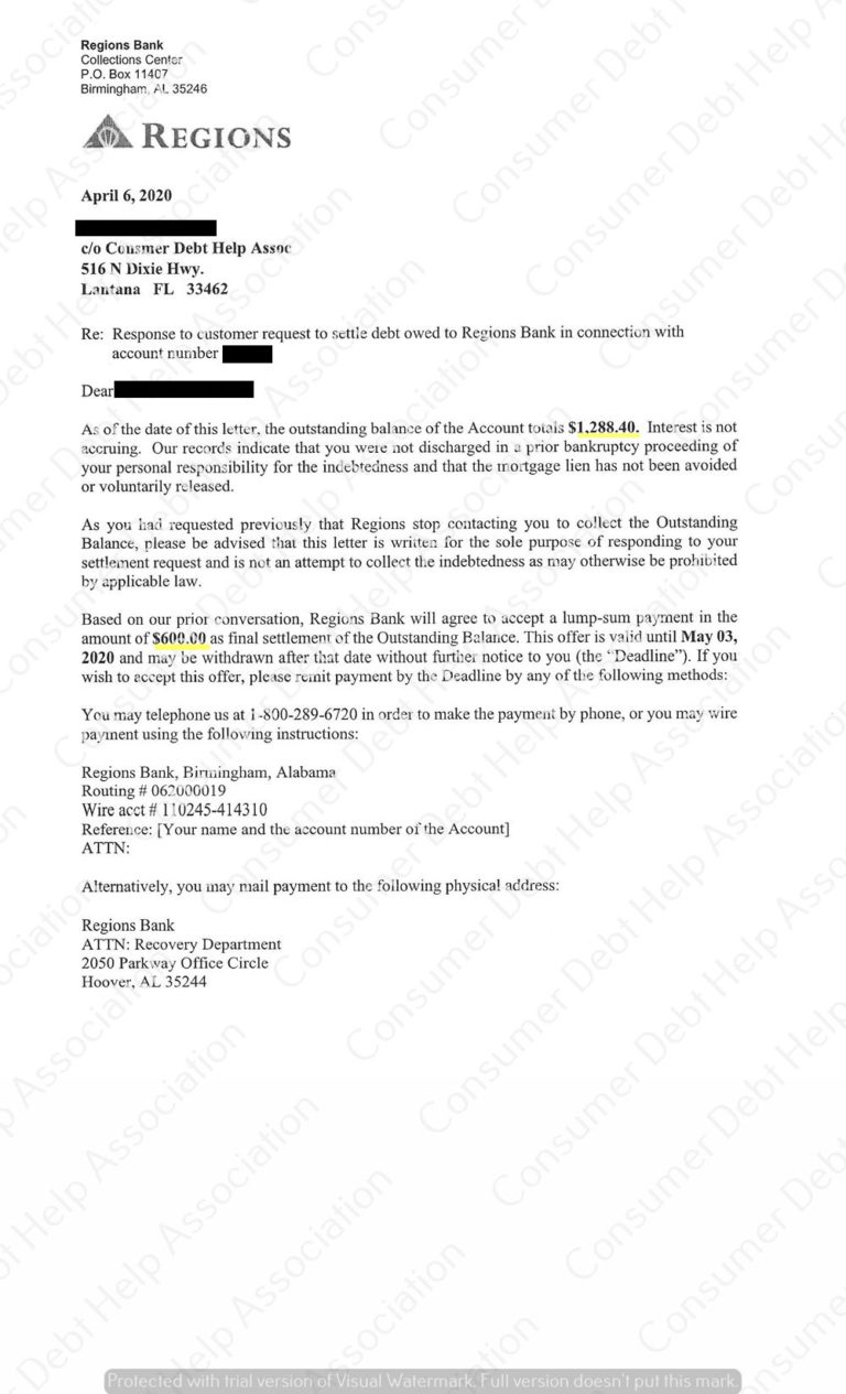 Settlement Letter from Regions Bank Consumer DEBT HELP ASSOCIATION