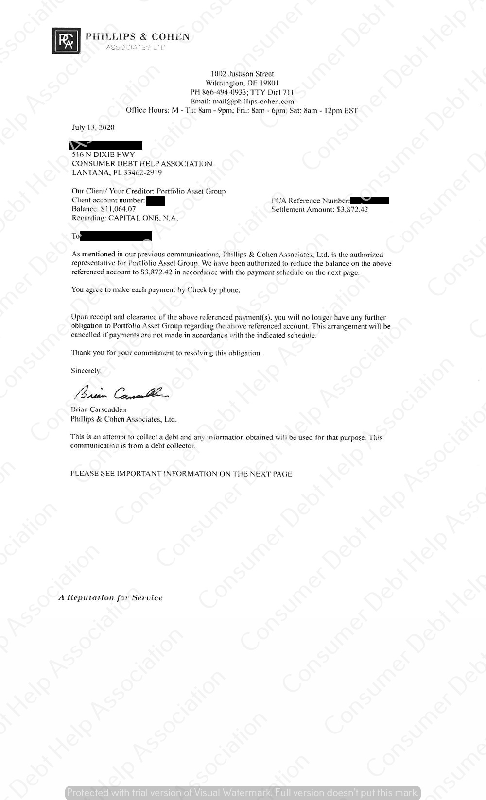 Settlement Letter from Capital One – Consumer DEBT HELP ASSOCIATION