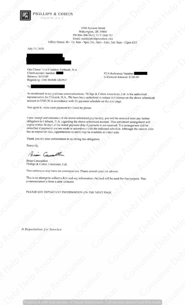 Settlement Letter from Home Depot/Citibank Consumer DEBT HELP ASSOCIATION